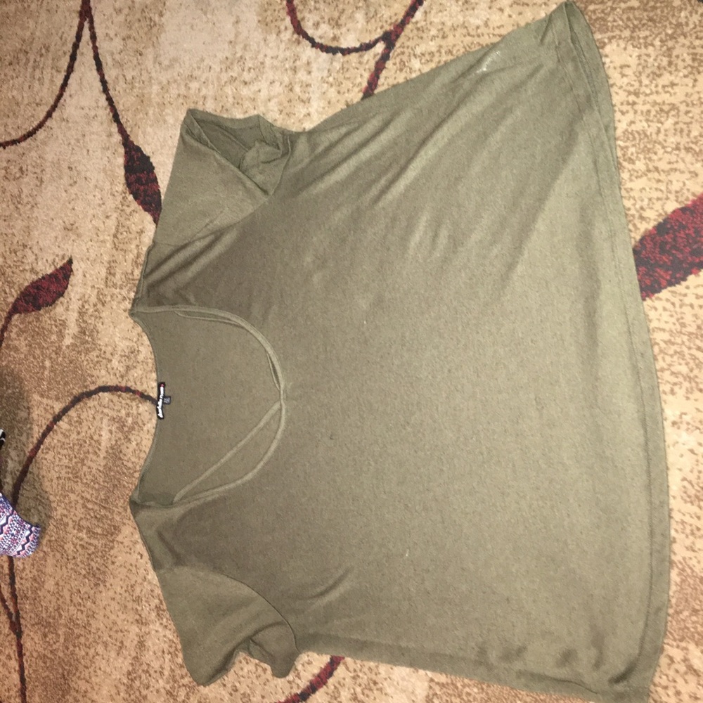 olive green tee shirt with strappy neckline